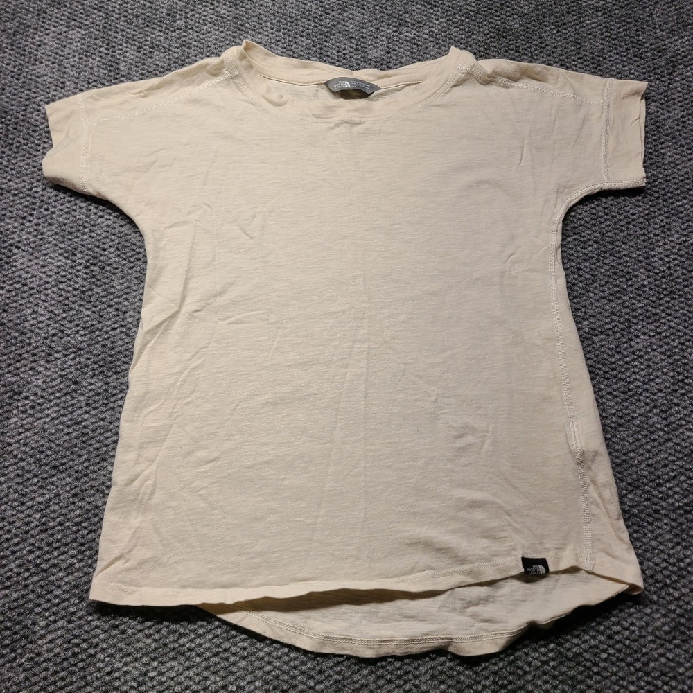 The North Face T Shirt Womens Small Beige Cotton Drop Tail Hem Short Sleeve